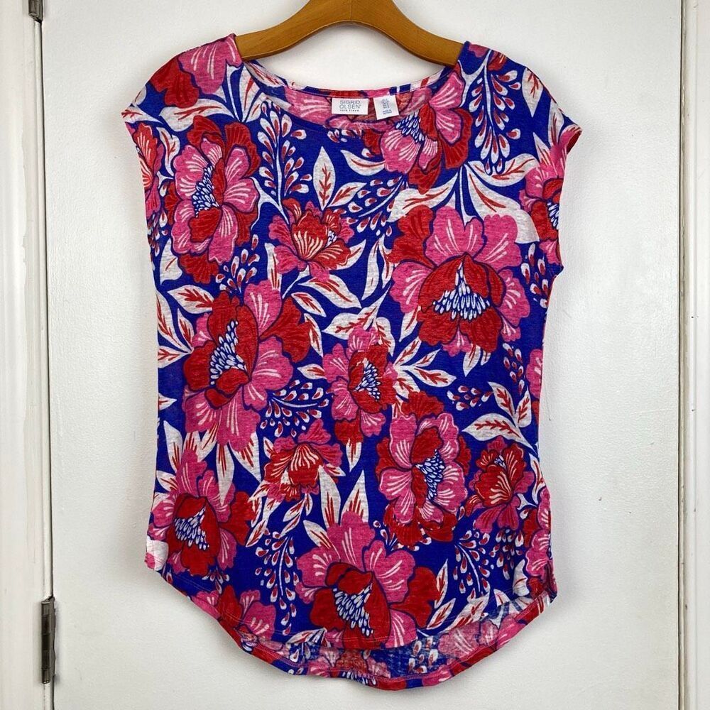 Sigrid Olsen 100% Linen Short Sleeve Top Floral Garden Girl Romantic Feminine, S